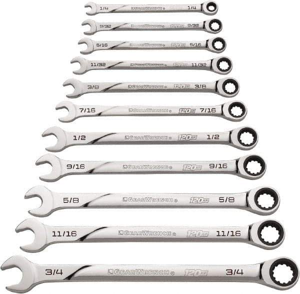 GearWrench - 11 Piece, 1/4" to 3/4", Ratcheting Combination Wrench Set - Inch Measurement Standard, Chrome Finish - Eagle Tool & Supply