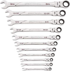 GearWrench - 11 Piece, 1/4" to 3/4", Ratcheting Flexhead Combination Wrench Set - Inch Measurement Standard, Chrome Finish - Eagle Tool & Supply