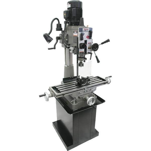 Jet - 1 Phase, 20-1/2" Swing, Geared Head Mill Drill Combination - 32-1/4" Table Length x 9-1/2" Table Width, 20-1/2" Longitudinal Travel, 8-1/4" Cross Travel, 6 Spindle Speeds, 1.5 hp, 115/230 Volts - Eagle Tool & Supply