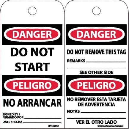 NMC - 6" High x 3" Long, DANGER - DO NOT START, English & Spanish Safety & Facility Accident Prevention Tag - Tag Header: Danger, 2 Sides, White Poly - Eagle Tool & Supply