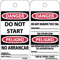 NMC - 6" High x 3" Long, DANGER - DO NOT START, English & Spanish Safety & Facility Accident Prevention Tag - Tag Header: Danger, 2 Sides, White Poly - Eagle Tool & Supply