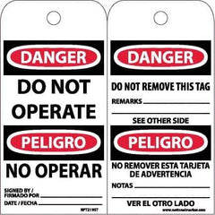 NMC - 6" High x 3" Long, DANGER - DO NOT OPERATE, English & Spanish Safety & Facility Accident Prevention Tag - Tag Header: Danger, 2 Sides, White Poly - Eagle Tool & Supply
