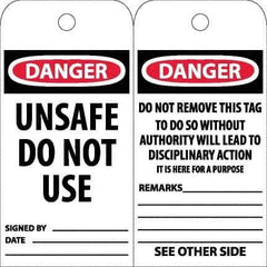 NMC - 6" High x 3" Long, DANGER - UNSAFE DO NOT USE, English Safety & Facility Accident Prevention Tag - Tag Header: Danger, 2 Sides, White Poly - Eagle Tool & Supply