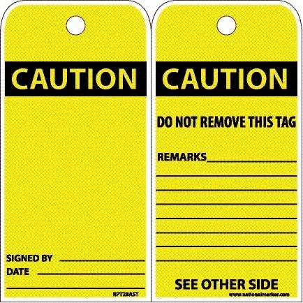 NMC - 6" High x 3" Long, CAUTION, English Safety & Facility Accident Prevention Tag - Tag Header: CAUTION, 2 Sides, White Poly - Eagle Tool & Supply