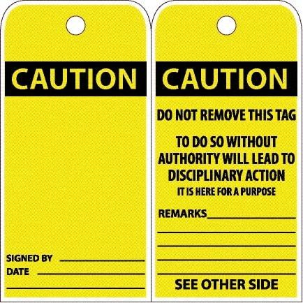 NMC - 6" High x 3" Long, CAUTION, English Safety & Facility Accident Prevention Tag - Tag Header: CAUTION, 2 Sides, White Poly - Eagle Tool & Supply
