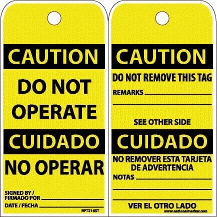 NMC - 6" High x 3" Long, CAUTION - DO NOT OPERATE, English & Spanish Safety & Facility Accident Prevention Tag - Tag Header: CAUTION, 2 Sides, White Poly - Eagle Tool & Supply