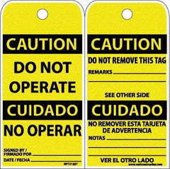 NMC - 6" High x 3" Long, CAUTION - DO NOT OPERATE, English & Spanish Safety & Facility Accident Prevention Tag - Tag Header: CAUTION, 2 Sides, White Poly - Eagle Tool & Supply