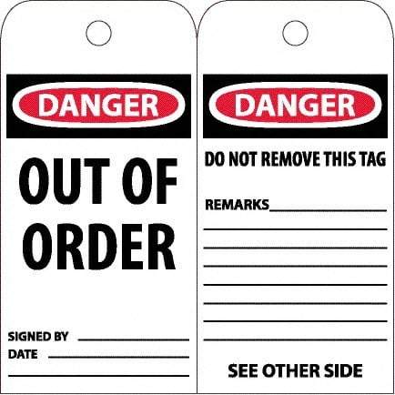NMC - 4" High x 8" Long, DANGER - OUT OF ORDER, English Safety & Facility Accident Prevention Tag - Tag Header: Danger, 2 Sides, White Poly - Eagle Tool & Supply
