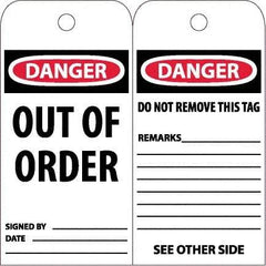 NMC - 4" High x 8" Long, DANGER - OUT OF ORDER, English Safety & Facility Accident Prevention Tag - Tag Header: Danger, 2 Sides, White Poly - Eagle Tool & Supply