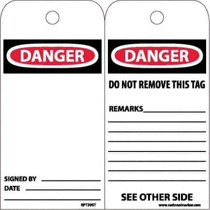 NMC - 4" High x 8" Long, DANGER, English Safety & Facility Accident Prevention Tag - Tag Header: Danger, 2 Sides, White Poly - Eagle Tool & Supply