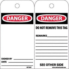 NMC - 4" High x 8" Long, DANGER, English Safety & Facility Accident Prevention Tag - Tag Header: Danger, 2 Sides, White Poly - Eagle Tool & Supply