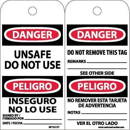 NMC - 6" High x 3" Long, DANGER - UNSAFE DO NOT USE, English & Spanish Safety & Facility Accident Prevention Tag - Tag Header: Danger, 2 Sides, White Poly - Eagle Tool & Supply