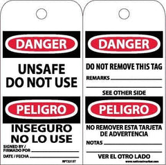 NMC - 6" High x 3" Long, DANGER - UNSAFE DO NOT USE, English & Spanish Safety & Facility Accident Prevention Tag - Tag Header: Danger, 2 Sides, White Poly - Eagle Tool & Supply