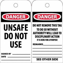 NMC - 6" High x 3" Long, DANGER - UNSAFE DO NOT USE, English Safety & Facility Accident Prevention Tag - Tag Header: Danger, 2 Sides, White Unrippable Vinyl - Eagle Tool & Supply