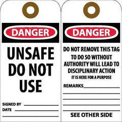 NMC - 6" High x 3" Long, DANGER - UNSAFE DO NOT USE, English Safety & Facility Accident Prevention Tag - Tag Header: Danger, 2 Sides, White Unrippable Vinyl - Eagle Tool & Supply