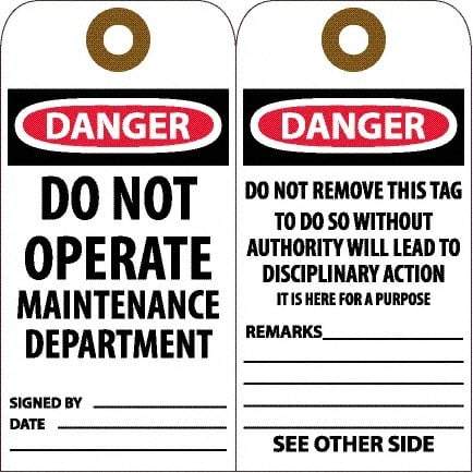 NMC - 6" High x 3" Long, DANGER - DO NOT OPERATE - MAINTENANCE DEPARTMENT, English Safety & Facility Accident Prevention Tag - Tag Header: Danger, 2 Sides, White Unrippable Vinyl - Eagle Tool & Supply
