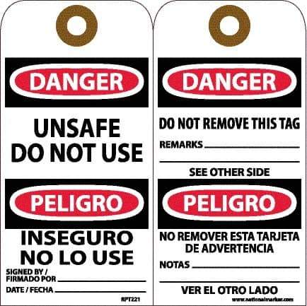 NMC - 6" High x 3" Long, DANGER - UNSAFE DO NOT USE, English & Spanish Safety & Facility Accident Prevention Tag - Tag Header: Danger, 2 Sides, White Unrippable Vinyl - Eagle Tool & Supply