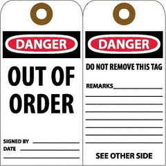 NMC - 6" High x 3" Long, DANGER - OUT OF ORDER, English Safety & Facility Accident Prevention Tag - Tag Header: Danger, 2 Sides, White Unrippable Vinyl - Eagle Tool & Supply