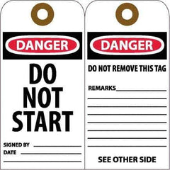 NMC - 6" High x 3" Long, DANGER - DO NOT START, English Safety & Facility Accident Prevention Tag - Tag Header: Danger, 2 Sides, White Unrippable Vinyl - Eagle Tool & Supply