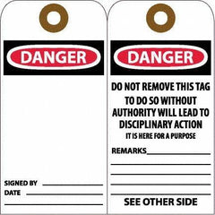 NMC - 6" High x 3" Long, DANGER, English Safety & Facility Accident Prevention Tag - Tag Header: Danger, 2 Sides, White Unrippable Vinyl - Eagle Tool & Supply