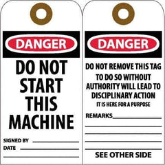 NMC - 6" High x 3" Long, DANGER - DO NOT START THIS MACHINE, English Safety & Facility Accident Prevention Tag - Tag Header: Danger, 2 Sides, White Unrippable Vinyl - Eagle Tool & Supply