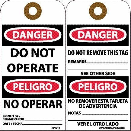 NMC - 6" High x 3" Long, DANGER - DO NOT OPERATE, English & Spanish Safety & Facility Accident Prevention Tag - Tag Header: Danger, 2 Sides, White Unrippable Vinyl - Eagle Tool & Supply
