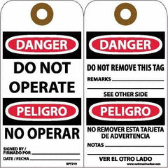 NMC - 6" High x 3" Long, DANGER - DO NOT OPERATE, English & Spanish Safety & Facility Accident Prevention Tag - Tag Header: Danger, 2 Sides, White Unrippable Vinyl - Eagle Tool & Supply