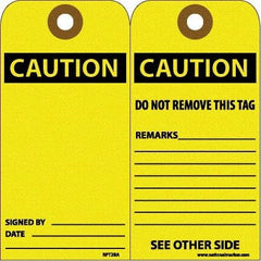 NMC - 6" High x 3" Long, CAUTION, English Safety & Facility Accident Prevention Tag - Tag Header: CAUTION, 2 Sides, White Unrippable Vinyl - Eagle Tool & Supply