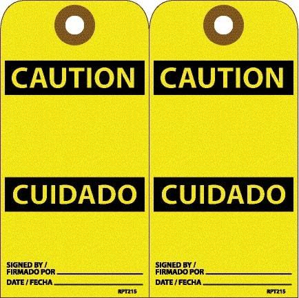 NMC - 6" High x 3" Long, CAUTION, English & Spanish Safety & Facility Accident Prevention Tag - Tag Header: CAUTION, 2 Sides, White Unrippable Vinyl - Eagle Tool & Supply
