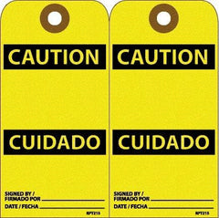 NMC - 6" High x 3" Long, CAUTION, English & Spanish Safety & Facility Accident Prevention Tag - Tag Header: CAUTION, 2 Sides, White Unrippable Vinyl - Eagle Tool & Supply