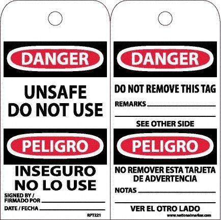 NMC - 6" High x 3" Long, DANGER - UNSAFE DO NOT USE, English & Spanish Safety & Facility Accident Prevention Tag - Tag Header: Danger, 2 Sides, White Unrippable Vinyl - Eagle Tool & Supply