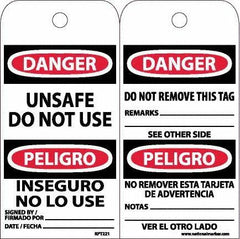 NMC - 6" High x 3" Long, DANGER - UNSAFE DO NOT USE, English & Spanish Safety & Facility Accident Prevention Tag - Tag Header: Danger, 2 Sides, White Unrippable Vinyl - Eagle Tool & Supply