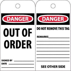 NMC - 6" High x 3" Long, DANGER - OUT OF ORDER, English Safety & Facility Accident Prevention Tag - Tag Header: Danger, 2 Sides, White Unrippable Vinyl - Eagle Tool & Supply