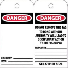 NMC - 6" High x 3" Long, DANGER, English Safety & Facility Accident Prevention Tag - Tag Header: Danger, 2 Sides, White Unrippable Vinyl - Eagle Tool & Supply