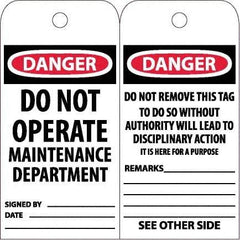 NMC - 6" High x 3" Long, DANGER - DO NOT OPERATE - MAINTENANCE DEPARTMENT, English Safety & Facility Accident Prevention Tag - Tag Header: Danger, 2 Sides, White Unrippable Vinyl - Eagle Tool & Supply