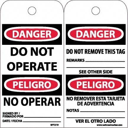 NMC - 6" High x 3" Long, DANGER - DO NOT OPERATE, English & Spanish Safety & Facility Accident Prevention Tag - Tag Header: Danger, 2 Sides, White Unrippable Vinyl - Eagle Tool & Supply
