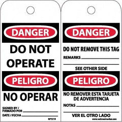 NMC - 6" High x 3" Long, DANGER - DO NOT OPERATE, English & Spanish Safety & Facility Accident Prevention Tag - Tag Header: Danger, 2 Sides, White Unrippable Vinyl - Eagle Tool & Supply