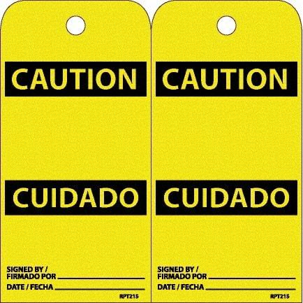 NMC - 6" High x 3" Long, CAUTION, English & Spanish Safety & Facility Accident Prevention Tag - Tag Header: CAUTION, 2 Sides, White Unrippable Vinyl - Eagle Tool & Supply