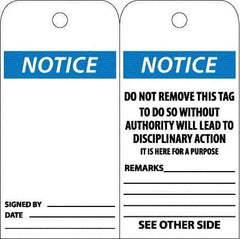 NMC - 6" High x 3" Long, Notice, English Safety & Facility Accident Prevention Tag - Tag Header: Notice, 2 Sides, White Poly - Eagle Tool & Supply