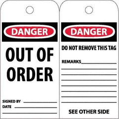 NMC - 6" High x 3" Long, DANGER - OUT OF ORDER, English Safety & Facility Accident Prevention Tag - Tag Header: Danger, 2 Sides, White Poly - Eagle Tool & Supply