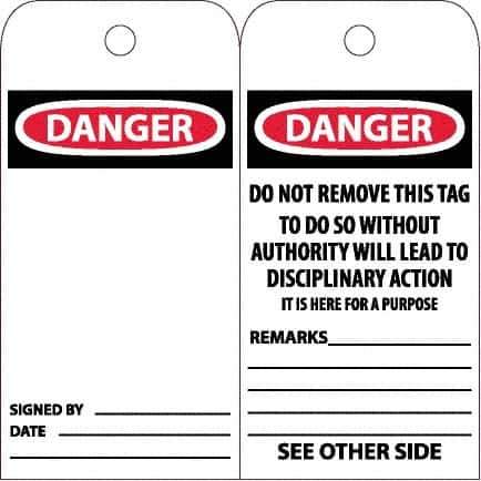 NMC - 6" High x 3" Long, DANGER, English Safety & Facility Accident Prevention Tag - Tag Header: Danger, 2 Sides, White Poly - Eagle Tool & Supply