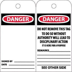 NMC - 6" High x 3" Long, DANGER, English Safety & Facility Accident Prevention Tag - Tag Header: Danger, 2 Sides, White Poly - Eagle Tool & Supply