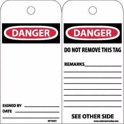 NMC - 6" High x 3" Long, DANGER, English Safety & Facility Accident Prevention Tag - Tag Header: Danger, 2 Sides, White Poly - Eagle Tool & Supply