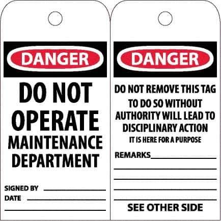 NMC - 6" High x 3" Long, DANGER - DO NOT OPERATE - MAINTENANCE DEPARTMENT, English Safety & Facility Accident Prevention Tag - Tag Header: Danger, 2 Sides, White Poly - Eagle Tool & Supply
