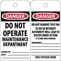 NMC - 6" High x 3" Long, DANGER - DO NOT OPERATE - MAINTENANCE DEPARTMENT, English Safety & Facility Accident Prevention Tag - Tag Header: Danger, 2 Sides, White Poly - Eagle Tool & Supply