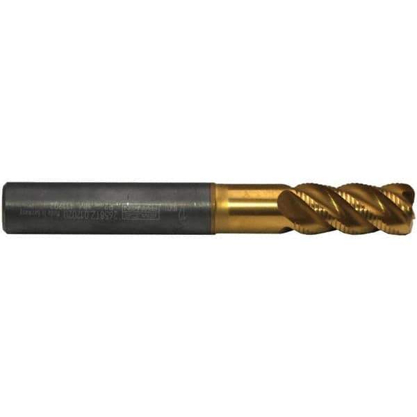 Emuge - 6mm Diam, Fine Pitch, 13mm LOC, 4 Flute Solid Carbide 0.5mm Corner Radius Roughing End Mill - TiN/TiAlN Finish, 62mm OAL, 6mm Shank Diam, Single End, Extended Reach, 45° Helix - Eagle Tool & Supply