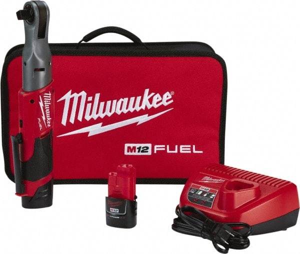 Milwaukee Tool - 1/2" Drive 12 Volt Pistol Grip Cordless Impact Wrench & Ratchet - 175 RPM, 60 Ft/Lb Torque, 2 Lithium-Ion Batteries Included - Eagle Tool & Supply