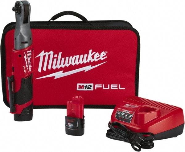 Milwaukee Tool - 3/8" Drive 12 Volt Pistol Grip Cordless Impact Wrench & Ratchet - 200 RPM, 55 Ft/Lb Torque, 2 Lithium-Ion Batteries Included - Eagle Tool & Supply