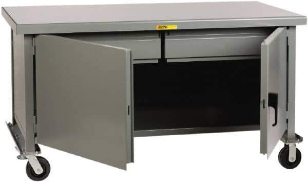 Little Giant - 3,600 Lb Capacity, 2 Shelf, 2 Drawer, 2 Door Mobile Heavy-Duty Workbench Cabinet - 72" Wide x 30" Deep x 37-1/2" High, Steel, Gray - Eagle Tool & Supply