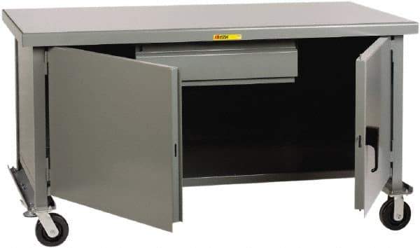 Little Giant - 3,600 Lb Capacity, 2 Shelf, 1 Drawer, 2 Door Mobile Heavy-Duty Workbench Cabinet - 60" Wide x 30" Deep x 37-1/2" High, Steel, Gray - Eagle Tool & Supply